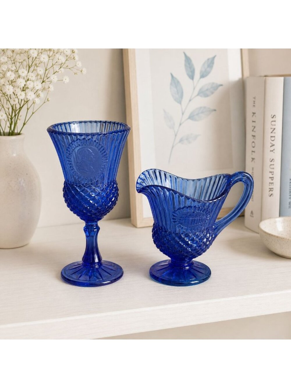 Vintage Avon Fostoria Cobalt Blue Glass Footed Pitcher Creamer and Goblet Set